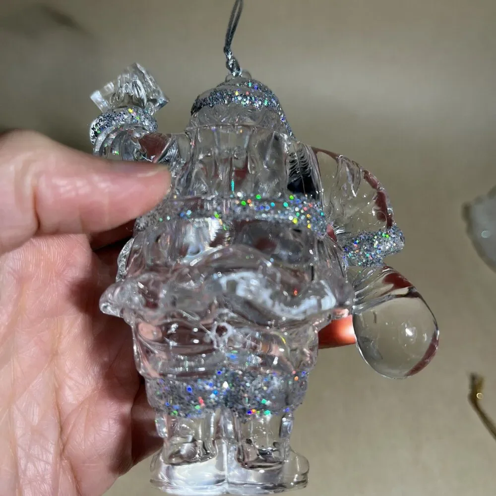Set of 5 Acrylic Iridescent Glitter Christmas Tree Ornaments Santa, Bear, Grapes